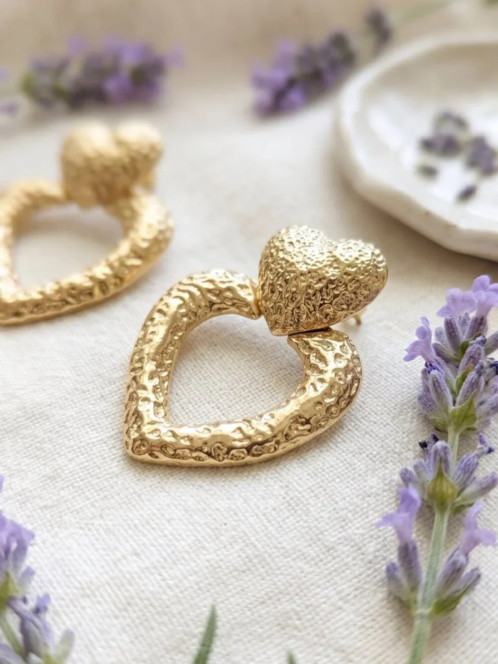 18K Gold Plated SS Coquette Mob Wife Double Heart Hammered Statement Studs 1.9in